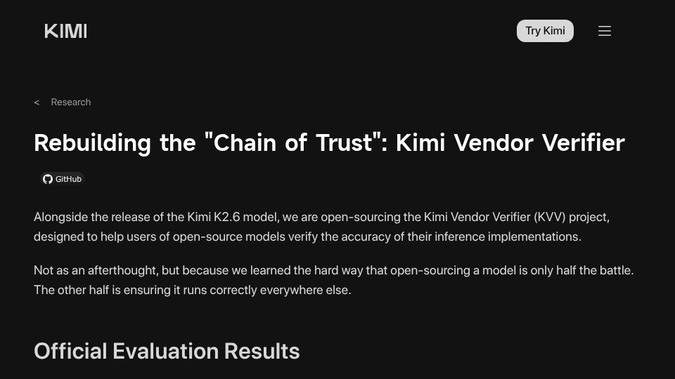 Screenshot of kimi.com: Kimi vendor verifier – verify accuracy of inference providers