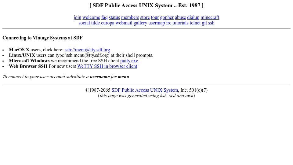 Screenshot of sdf.org: SDF Public Access Unix System