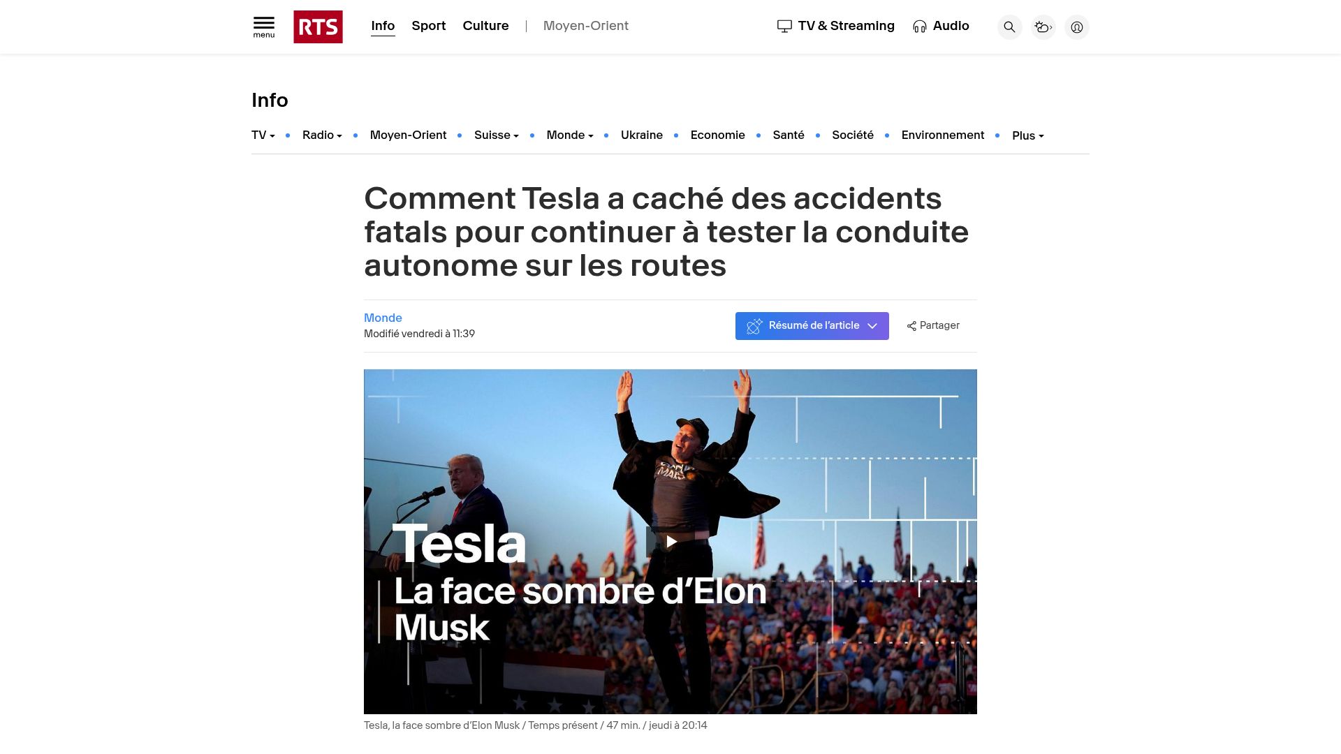 Screenshot of rts.ch: Tesla Hid Fatal Accidents to Continue Testing Autonomous Driving (French)