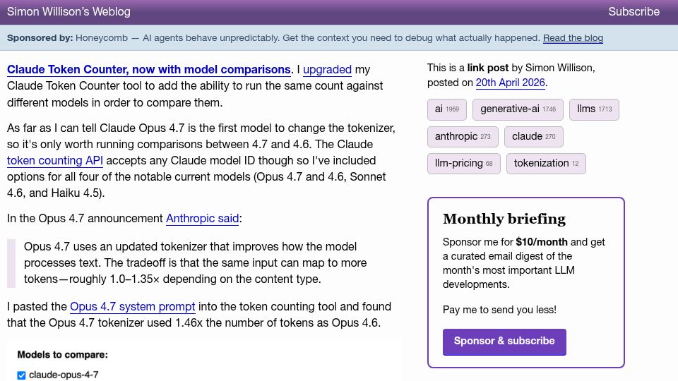 Screenshot of simonwillison.net: Claude Token Counter, now with model comparisons