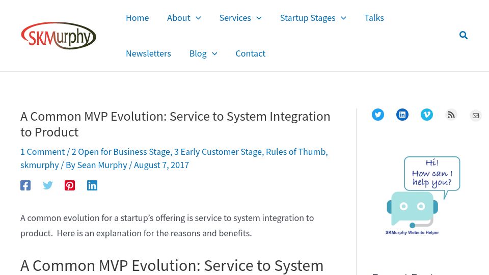 Screenshot of skmurphy.com: A Common MVP Evolution: Service to System Integration to Product (2017)