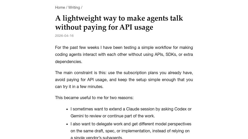 Screenshot of juanpabloaj.com: Show HN: A lightweight way to make agents talk without paying for API usage
