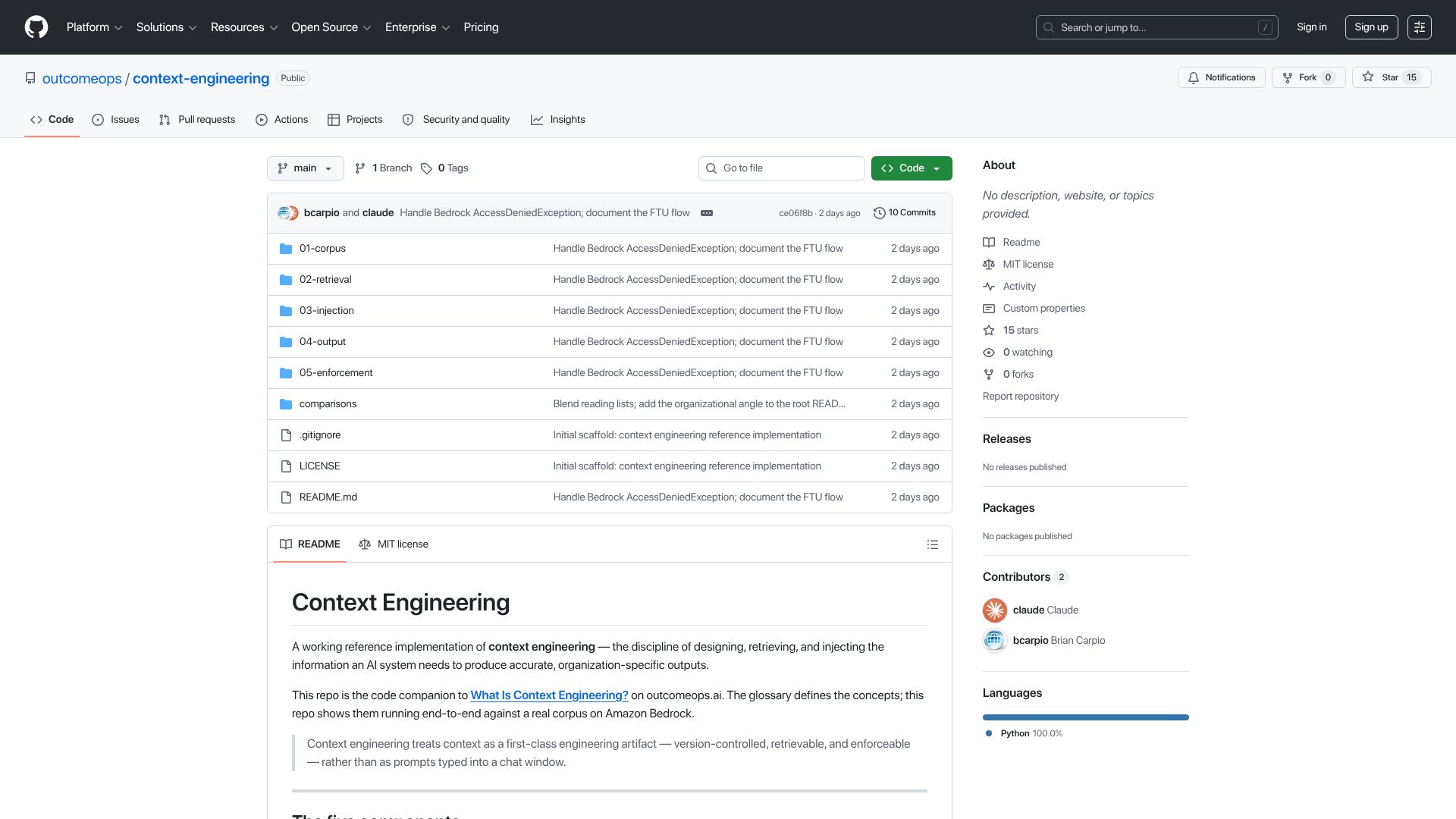 Screenshot of github.com: Show HN: A working reference implementation of context engineering