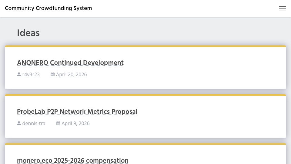 Screenshot of ccs.getmonero.org: Monero Community Crowdfunding System