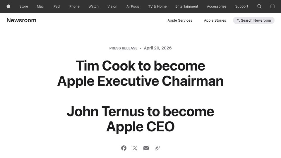 Screenshot of apple.com: John Ternus to become Apple CEO