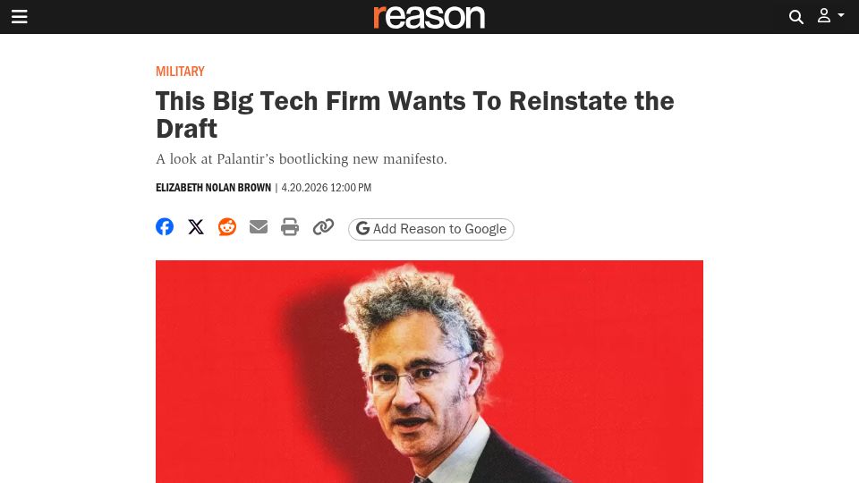 Screenshot of reason.com: Palantir Wants to Reinstate the Draft