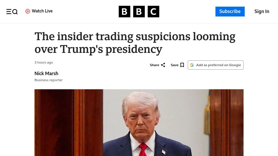 Screenshot of bbc.com: The insider trading suspicions looming over Trump's presidency