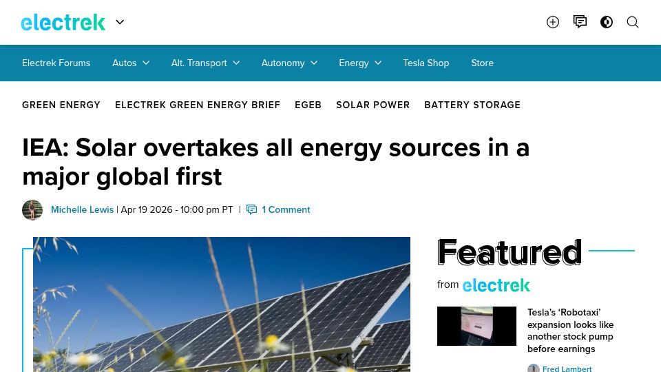 Screenshot of electrek.co: IEA: Solar overtakes all energy sources in a major global first