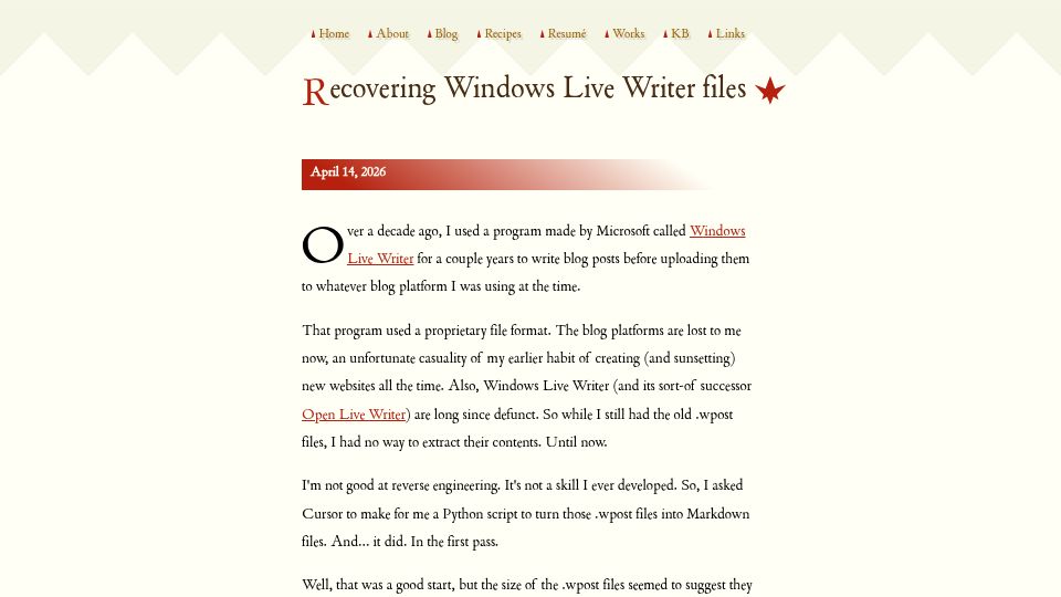 Screenshot of benovermyer.com: Recovering Windows Live Writer Files