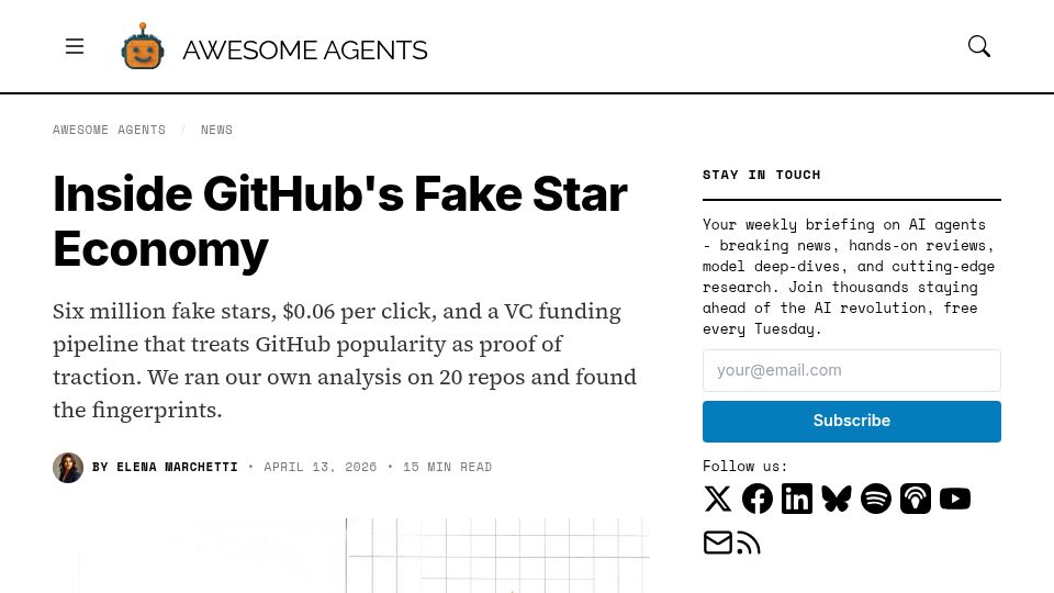 Screenshot of awesomeagents.ai: GitHub's fake star economy