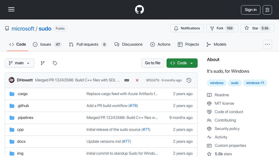 Screenshot of github.com: Sudo for Windows (2024)