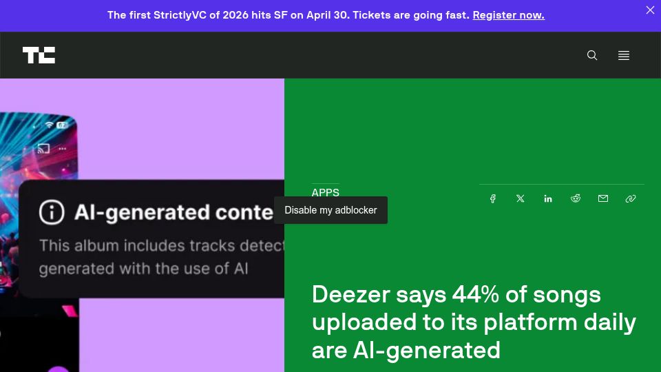 Screenshot of techcrunch.com: Deezer says 44% of songs uploaded to its platform daily are AI-generated