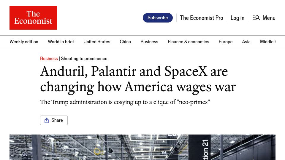 Screenshot of economist.com: Anduril, Palantir and SpaceX are changing how America wages war