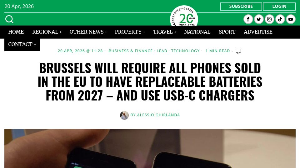 Screenshot of theolivepress.es: All phones sold in the EU to have replaceable batteries from 2027