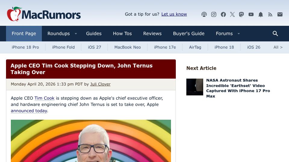 Screenshot of macrumors.com: Tim Cook Stepping Down