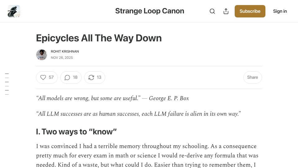 Screenshot of strangeloopcanon.com: Epicycles All the Way Down (2025)