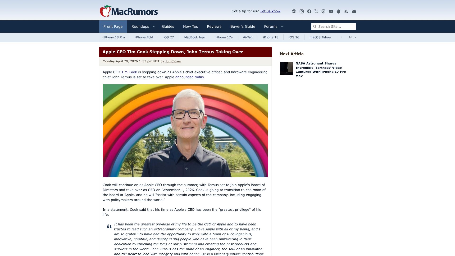 Screenshot of macrumors.com: Tim Cook Stepping Down