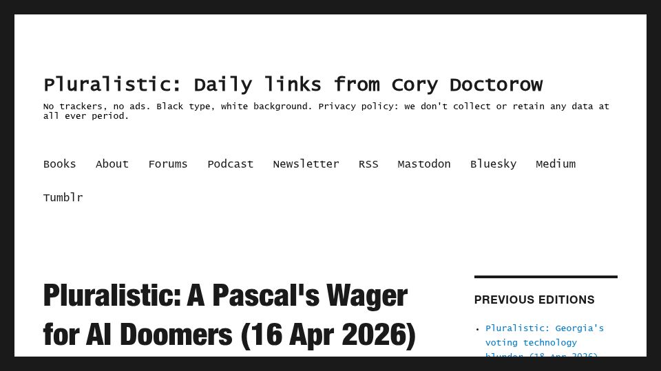 Screenshot of pluralistic.net: A Pascal's Wager for AI Doomers