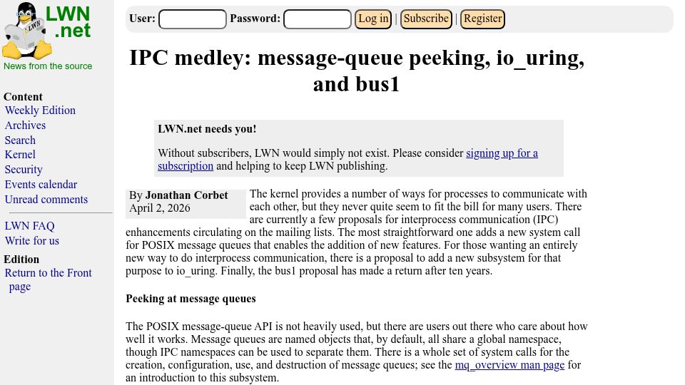 Screenshot of lwn.net: IPC medley: message-queue peeking, io_uring, and bus1