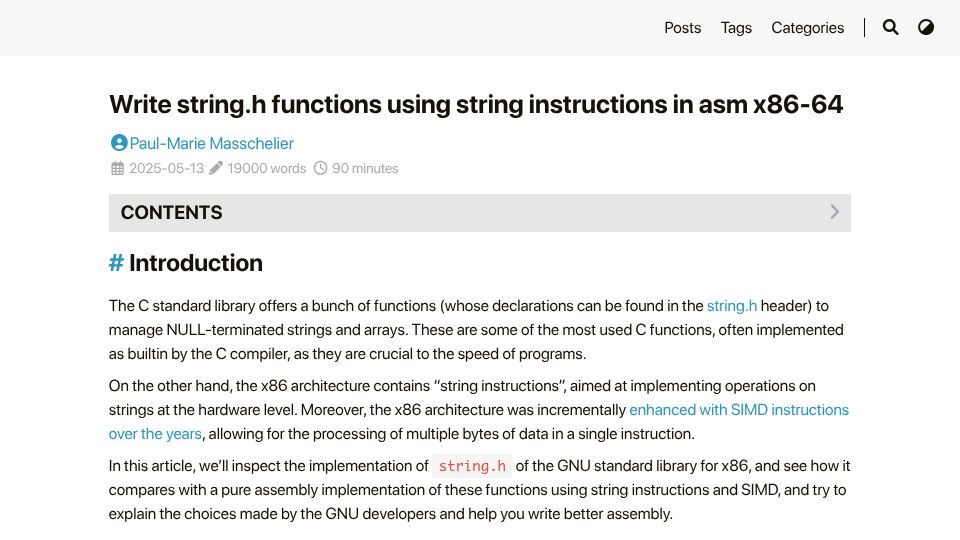 Screenshot of pmasschelier.github.io: Writing string.h functions using string instructions in asm x86-64 (2025)