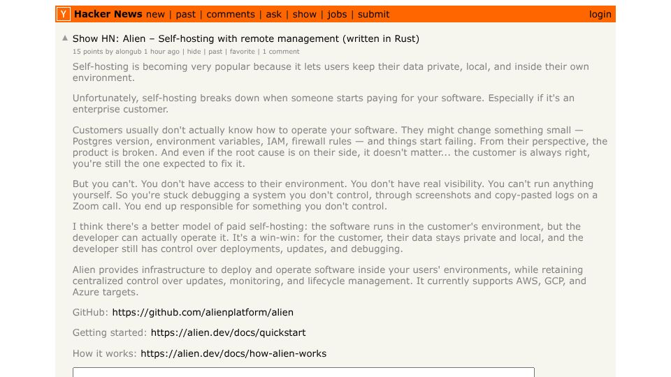Screenshot of Hacker News post: Show HN: Alien – Self-hosting with remote management (written in Rust)