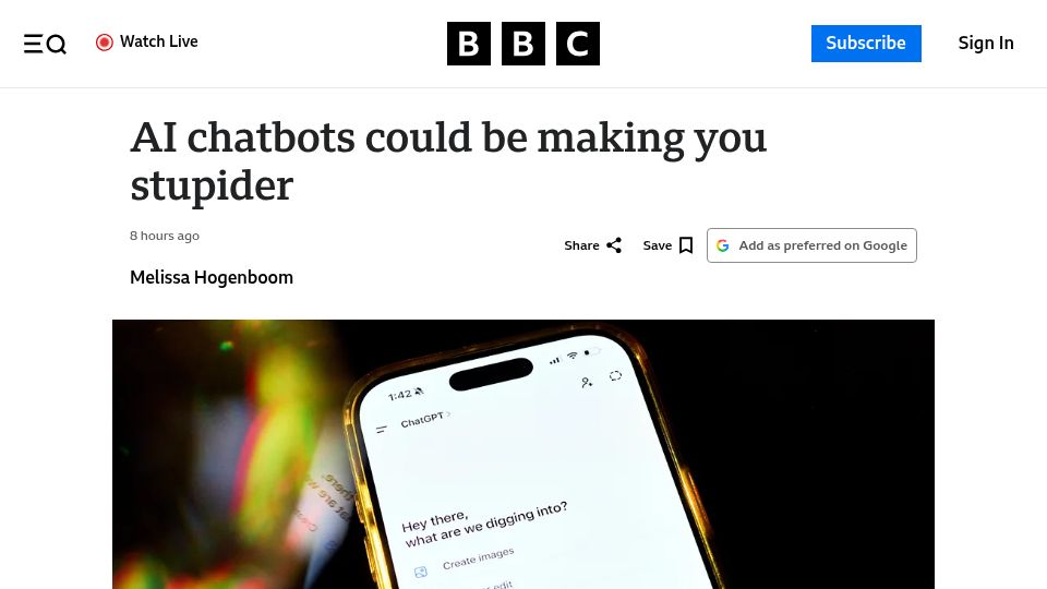 Screenshot of bbc.com: AI chatbots could be making you stupider