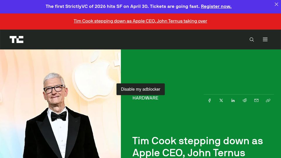 Screenshot of techcrunch.com: Tim Cook Stepping Down as Apple CEO, John Ternus Taking Over