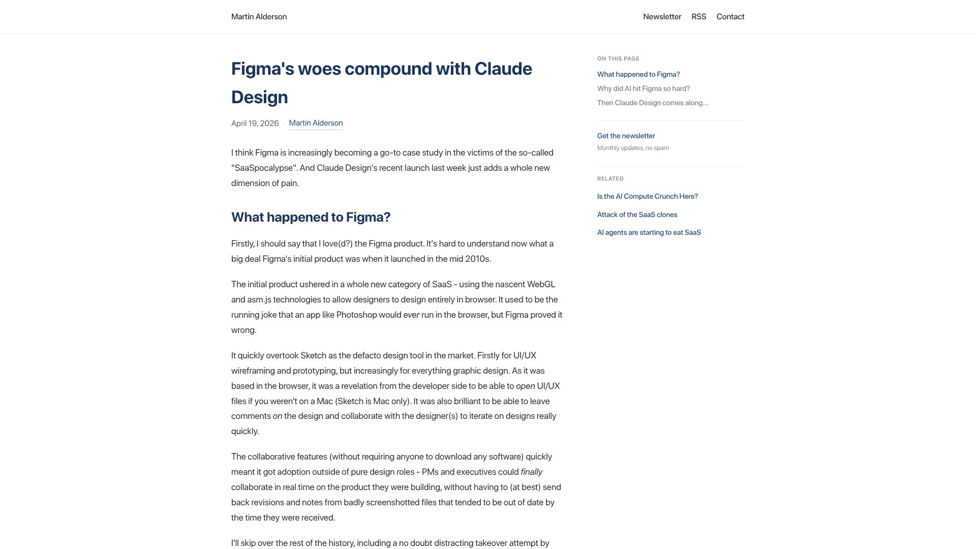 Screenshot of martinalderson.com: Figma's woes compound with Claude Design