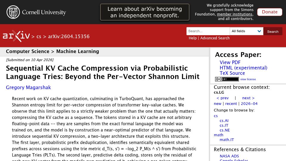 Screenshot of arxiv.org: KV Cache Compression 900000x Beyond TurboQuant and Per-Vector Shannon Limit