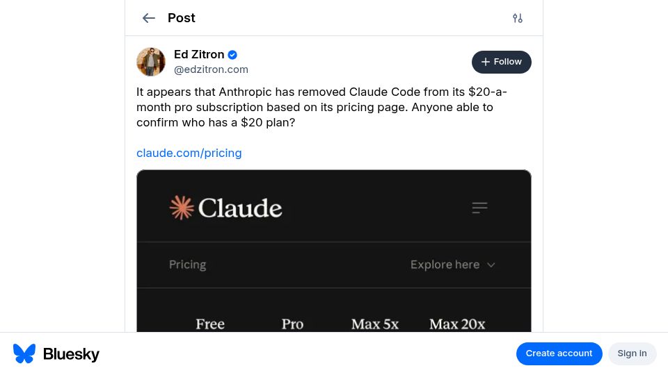 Screenshot of bsky.app: Claude Code to be removed from Pro Tier?