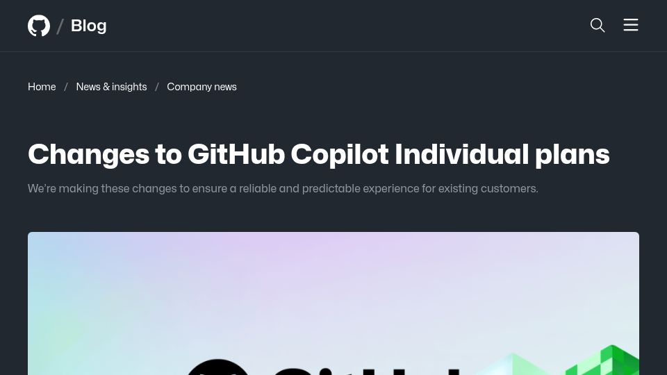 Screenshot of github.blog: Changes to GitHub Copilot individual plans