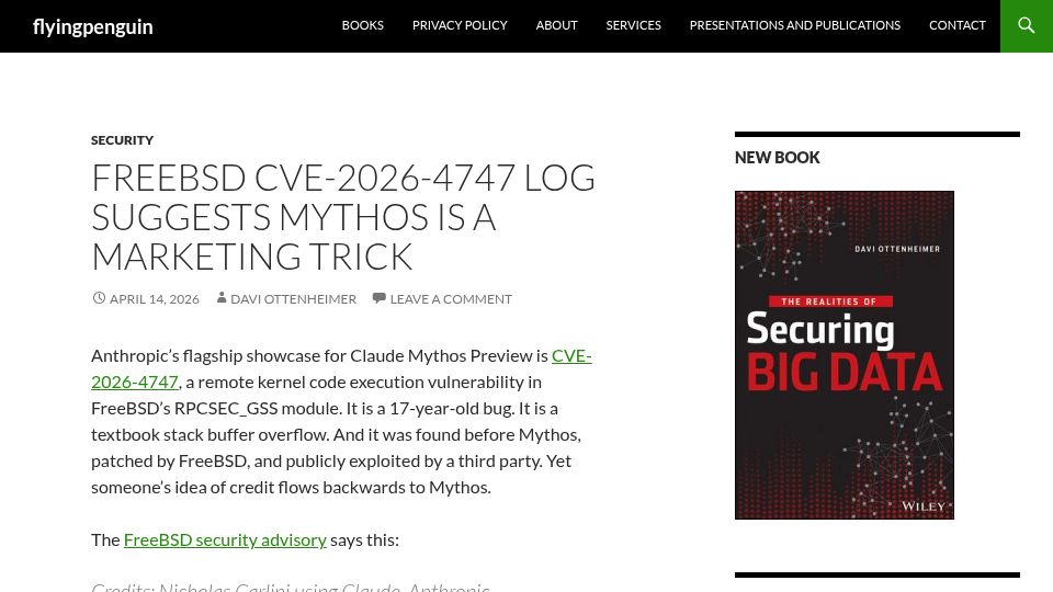 Screenshot of flyingpenguin.com: FreeBSD CVE-2026-4747 Log Suggests Mythos Is a Marketing Trick