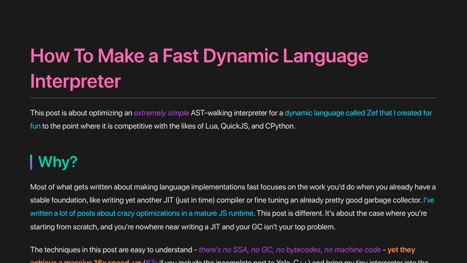 Screenshot of zef-lang.dev: How to make a fast dynamic language interpreter