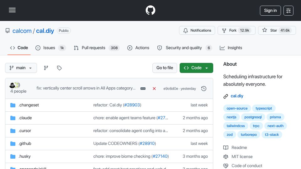 Screenshot of github.com: Cal.diy: open-source community edition of cal.com