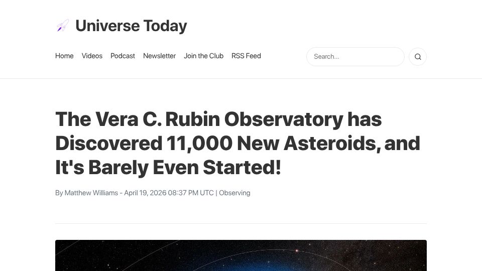 Screenshot of universetoday.com: Vera C. Rubin Observatory has Discovered 11,000 New Asteroids