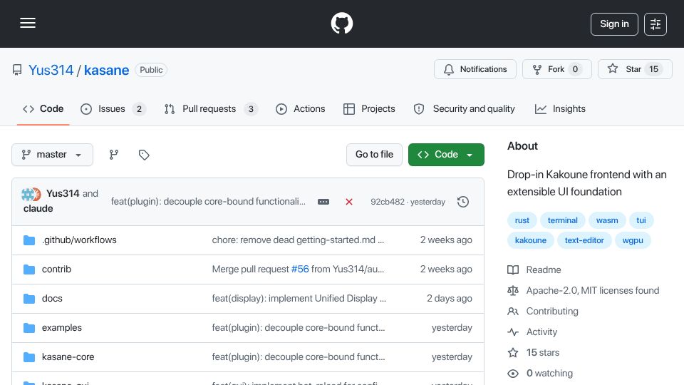 Screenshot of github.com: Kasane: New drop-in Kakoune front end with GPU rendering and WASM Plugins