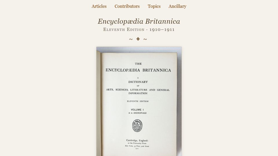 Screenshot of britannica11.org: Britannica11.org – a structured edition of the 1911 Encyclopædia Britannica