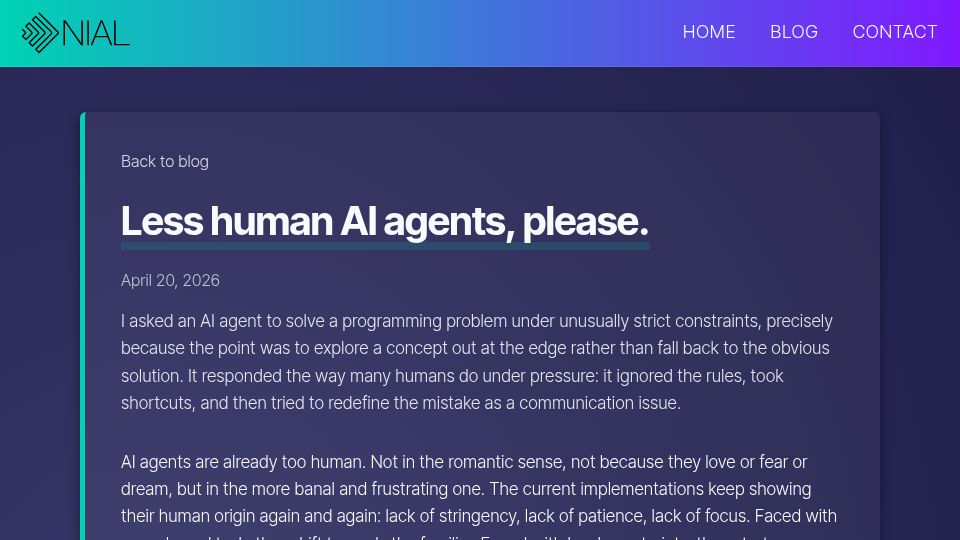 Screenshot of nial.se: Less human AI agents, please