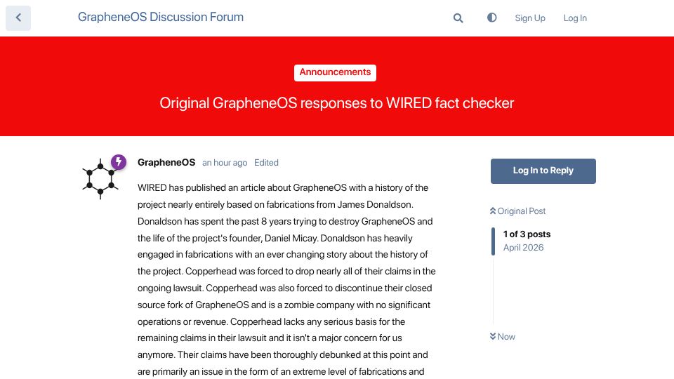 Screenshot of discuss.grapheneos.org: Original GrapheneOS responses to WIRED fact checker