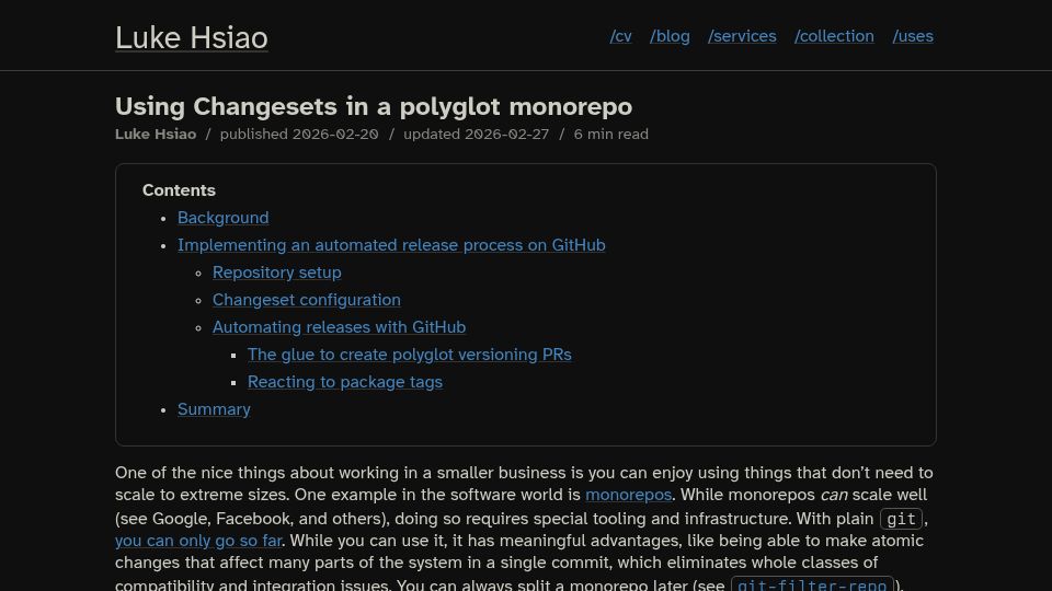 Screenshot of luke.hsiao.dev: Using Changesets in a polyglot monorepo