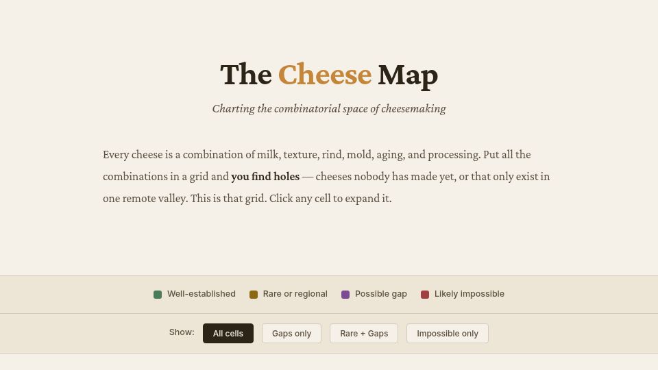 Screenshot of cheesemap.netlify.app: A Periodic Map of Cheese