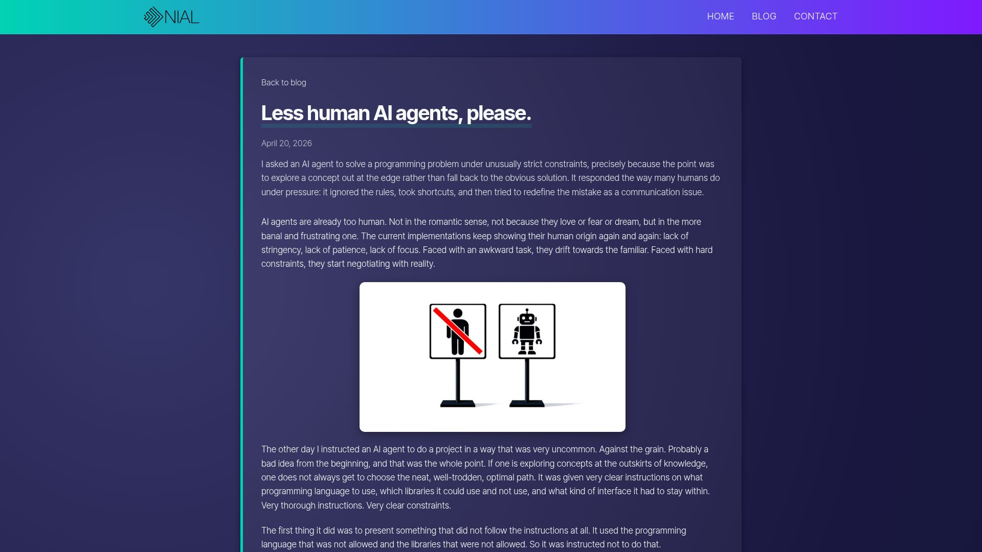Screenshot of nial.se: Less human AI agents, please