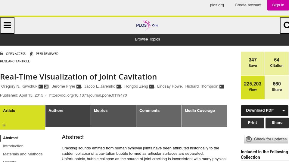 Screenshot of journals.plos.org: Real-Time Visualization of Human Finger Joint Cavitation (2015)