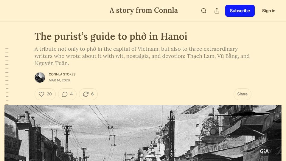 Screenshot of connla.substack.com: The purist's guide to phở in Hanoi
