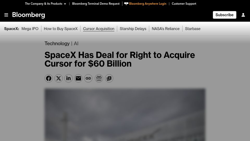 Screenshot of bloomberg.com: SpaceX Says It Has Agreement to Acquire Cursor for $60B