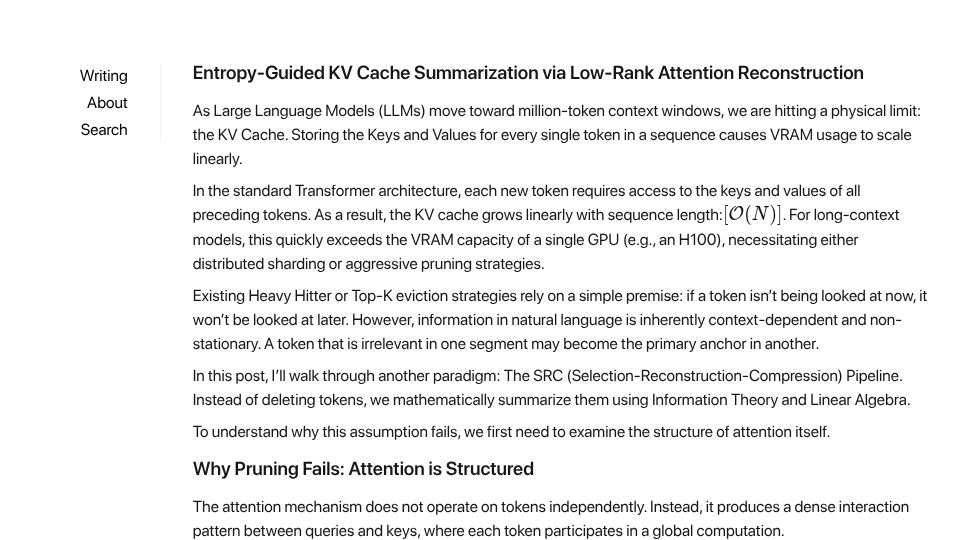Screenshot of jchandra.com: High-Fidelity KV Cache Summarization Using Entropy and Low-Rank Reconstruction