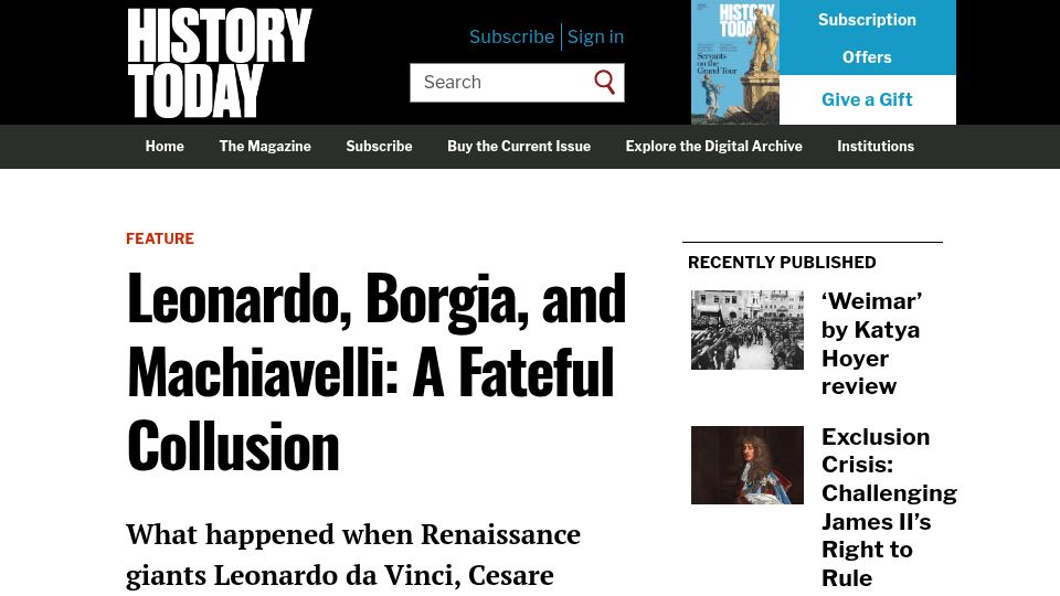 Screenshot of historytoday.com: Leonardo, Borgia, and Machiavelli: A Fateful Collusion