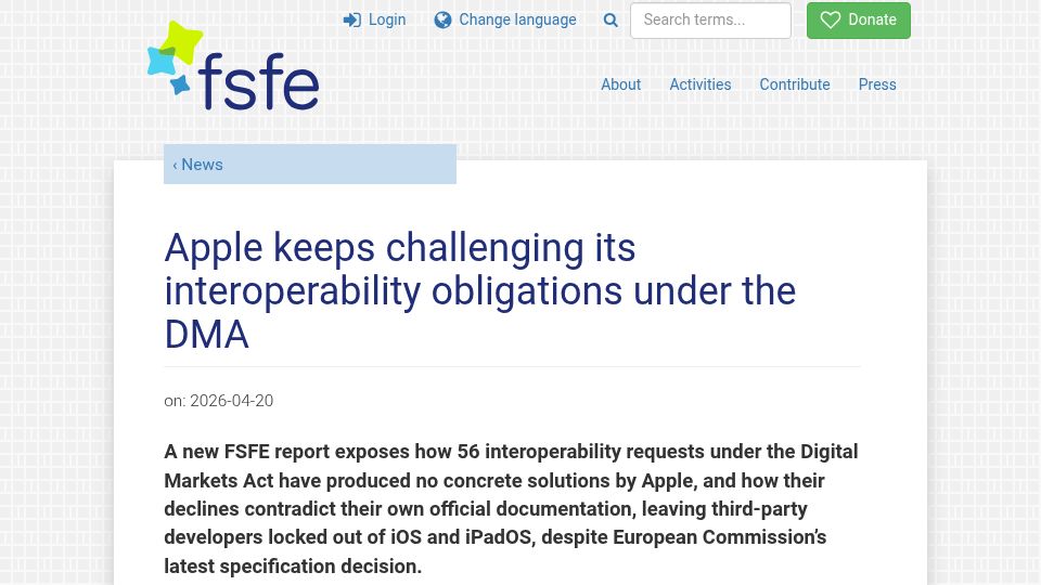 Screenshot of fsfe.org: Apple ignores DMA interoperability requests and contradicts own documentation