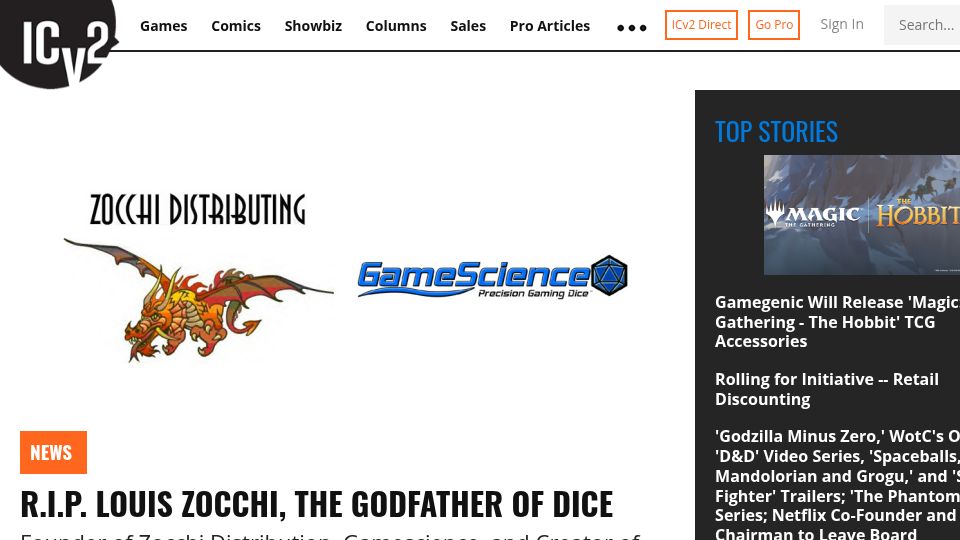 Screenshot of icv2.com: Louis Zocchi, games industry pioneer, has died