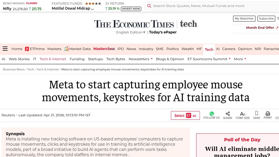 Screenshot of reuters.com: Meta to start capturing employee mouse movements, keystrokes for AI training